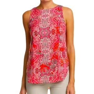 Cabi Jubilee Paisley Tunic Top Pink Red Sleeveless Tank Back Zip Small
